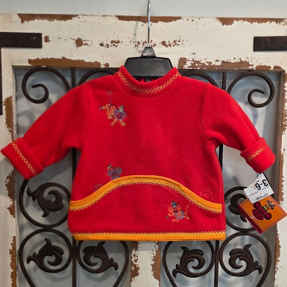 Y2K Banana Soup Girls 3/6 M Red Fleece Embroidered Monkey Pullover Snap Jacket